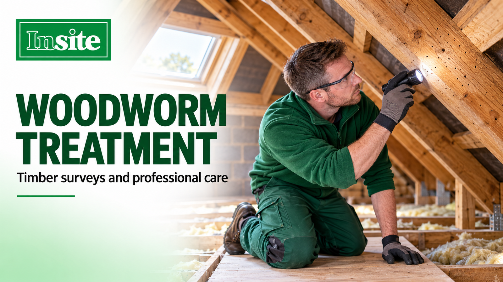 Timber specialist inspecting small holes in a roof timber with a torch, with Insite branding
